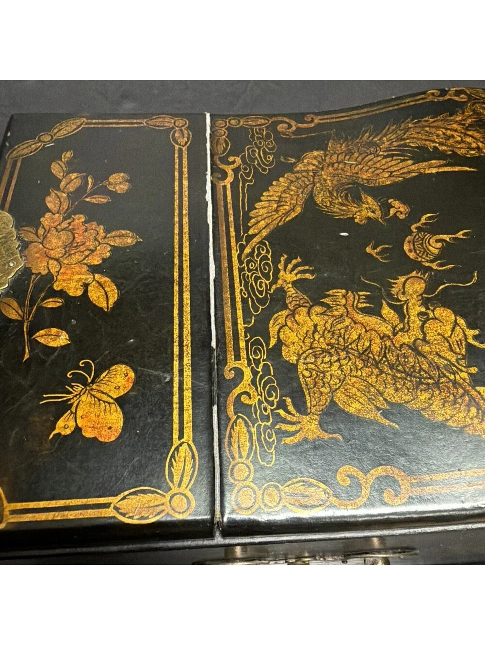 Pier 1 2011 Chinese Jewelry Chest Box Mirror Drawers Black Lacquer Dragons “key”